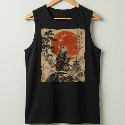 Illustration of a Mouse Samurai with katana and red sun background, featuring Japanese text. — printed on a tank top