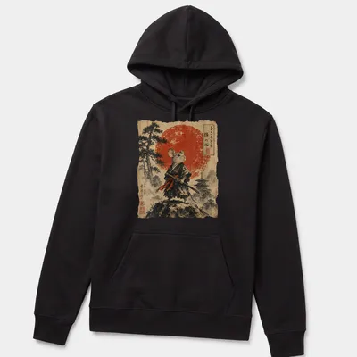 Illustration of a Mouse Samurai with katana and red sun background, featuring Japanese text. — printed on a unisex hoodie