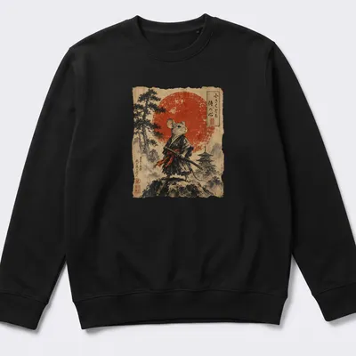 Illustration of a Mouse Samurai with katana and red sun background, featuring Japanese text. — printed on a unisex sweatshirt