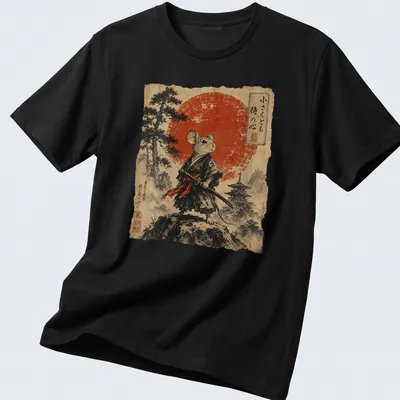 Illustration of a Mouse Samurai with katana and red sun background, featuring Japanese text.