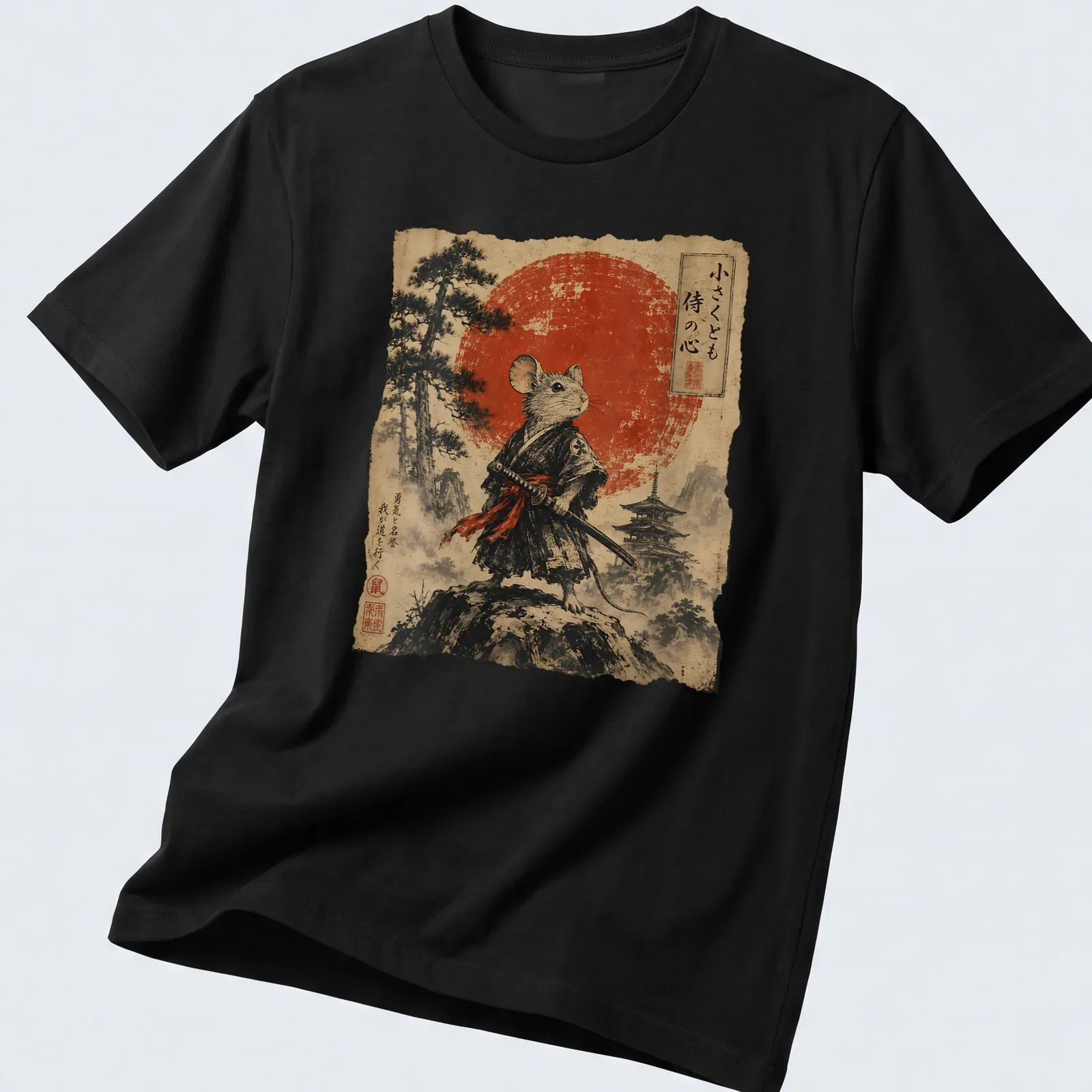 Illustration of a Mouse Samurai with katana and red sun background, featuring Japanese text. — printed on a unisex t-shirt
