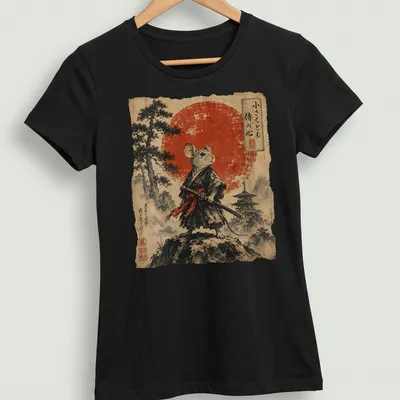 Illustration of a Mouse Samurai with katana and red sun background, featuring Japanese text. — printed on a women's shirt