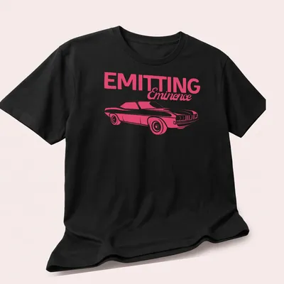 Retro hot pink muscle car t-shirt with bold text and illustration — printed on a unisex t-shirt (angled view)