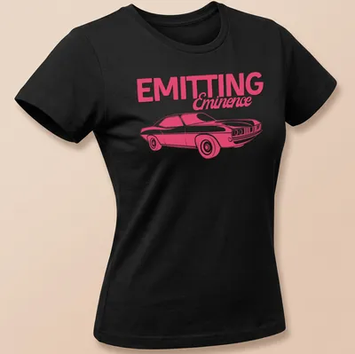 Retro hot pink muscle car t-shirt with bold text and illustration — printed on a women's shirt