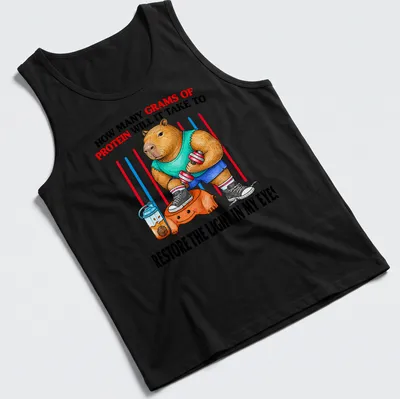 Colorful cartoon of a muscular capybara lifting weights with protein text — printed on a tank top