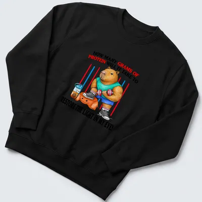 Colorful cartoon of a muscular capybara lifting weights with protein text — printed on a unisex sweatshirt