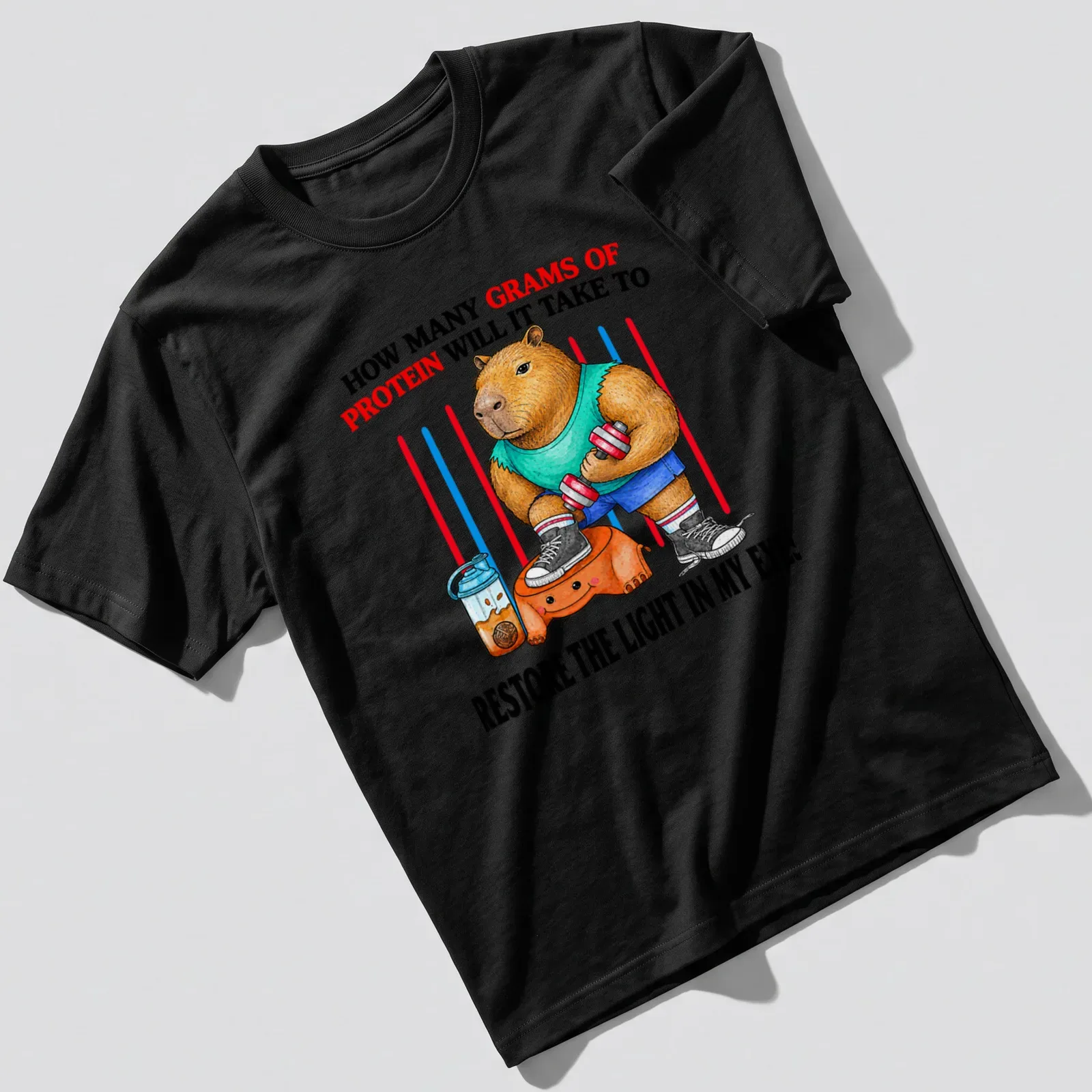 Colorful cartoon of a muscular capybara lifting weights with protein text — printed on a unisex t-shirt