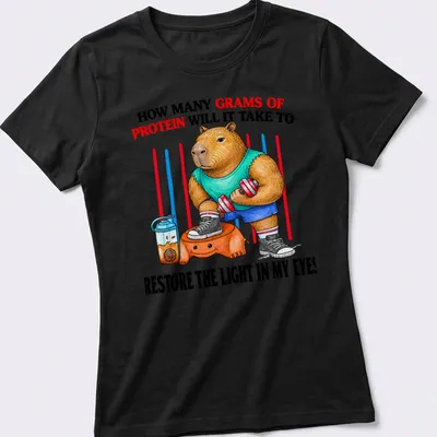 Colorful cartoon of a muscular capybara lifting weights with protein text — printed on a women's shirt