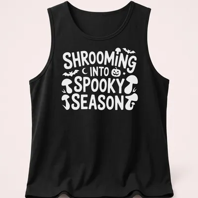 Playful cartoon design of mushrooms for spooky season with vibrant colors — printed on a tank top