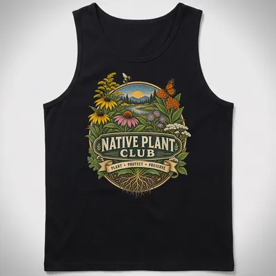Vintage botanical illustration on Native Plant Club T-shirt featuring various plants — printed on a tank top