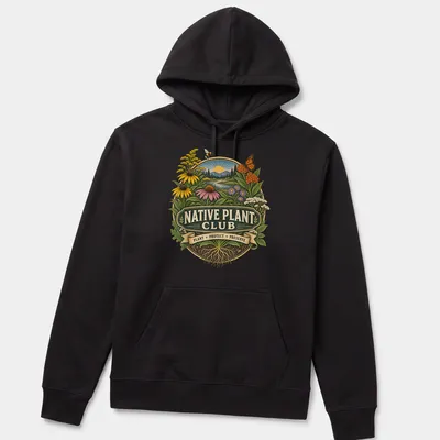 Vintage botanical illustration on Native Plant Club T-shirt featuring various plants — printed on a unisex hoodie