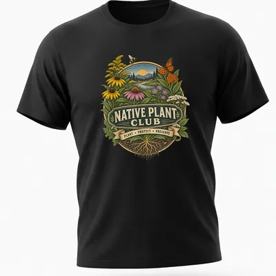 Vintage botanical illustration on Native Plant Club T-shirt featuring various plants