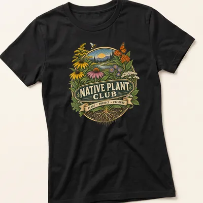 Vintage botanical illustration on Native Plant Club T-shirt featuring various plants — printed on a women's shirt