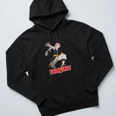 Light blue t-shirt featuring Natsu Dragneel from Fairy Tail with anime style illustration. — printed on a unisex hoodie