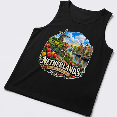 Vibrant illustration of a windmill and tulips with a bicycle in a Dutch countryside scene — printed on a tank top