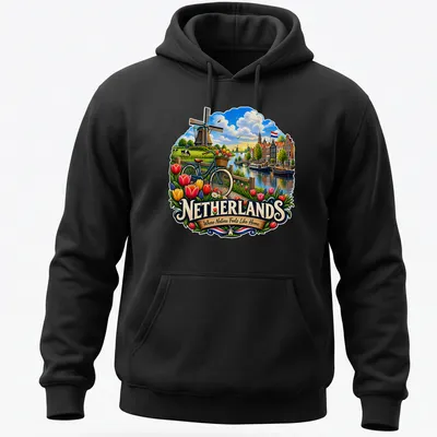 Vibrant illustration of a windmill and tulips with a bicycle in a Dutch countryside scene — printed on a unisex hoodie