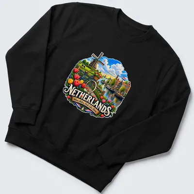 Vibrant illustration of a windmill and tulips with a bicycle in a Dutch countryside scene — printed on a unisex sweatshirt