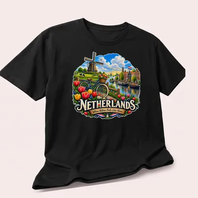 Vibrant illustration of a windmill and tulips with a bicycle in a Dutch countryside scene — printed on a unisex t-shirt (angled view)