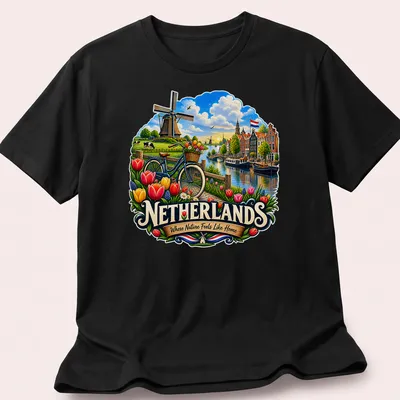 Vibrant illustration of a windmill and tulips with a bicycle in a Dutch countryside scene