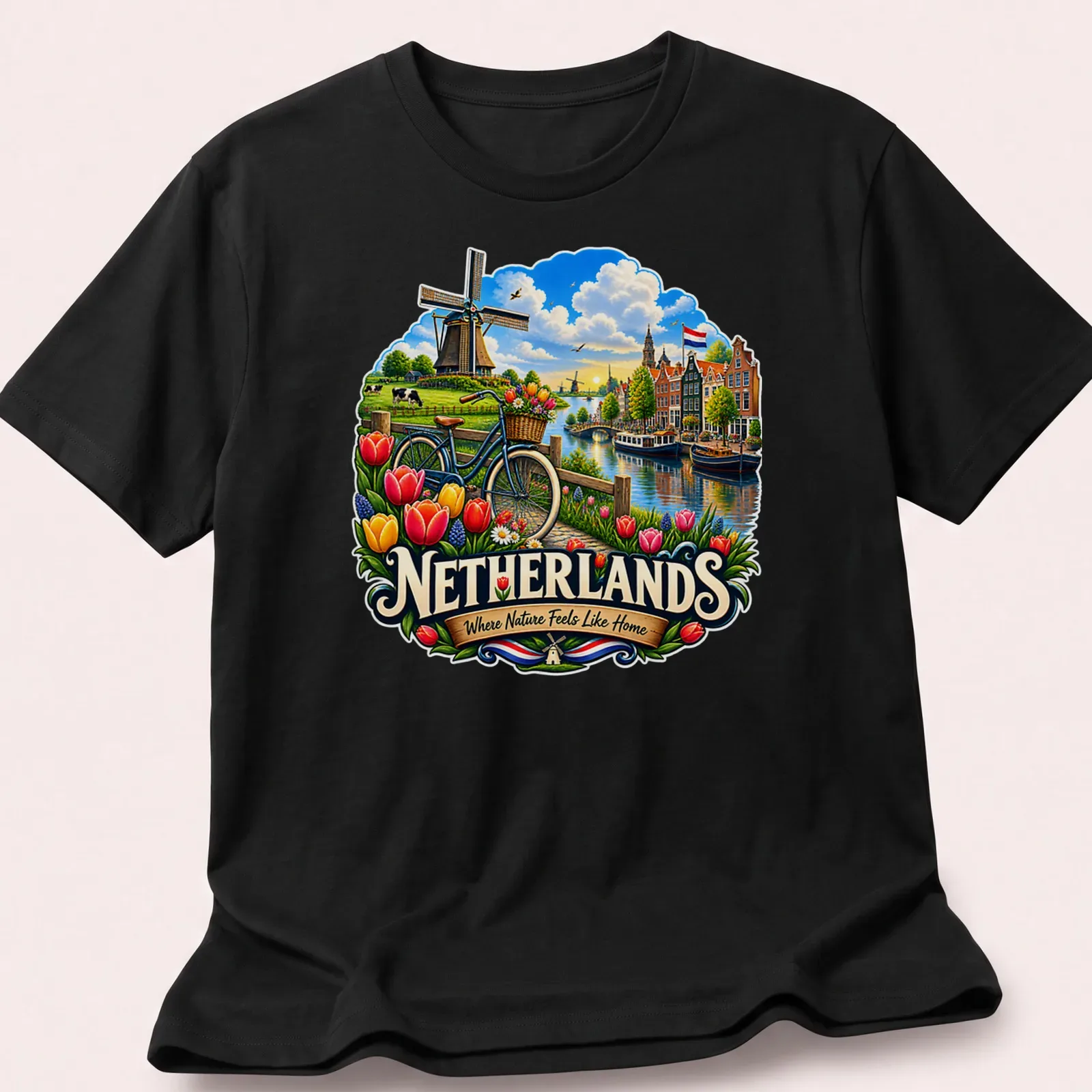 Vibrant illustration of a windmill and tulips with a bicycle in a Dutch countryside scene — printed on a unisex t-shirt