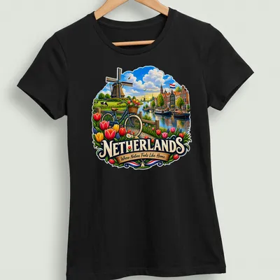 Vibrant illustration of a windmill and tulips with a bicycle in a Dutch countryside scene — printed on a women's shirt