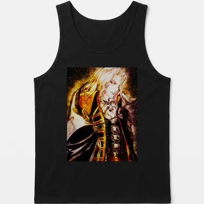 Anime-style illustration of Noble Vampire Alucard in gold, black, white, and red — printed on a tank top