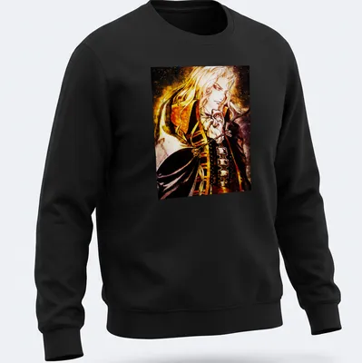 Anime-style illustration of Noble Vampire Alucard in gold, black, white, and red — printed on a unisex sweatshirt