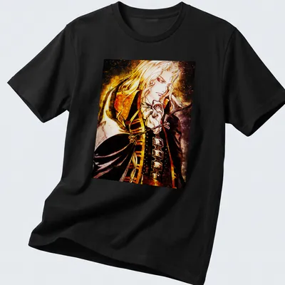 Anime-style illustration of Noble Vampire Alucard in gold, black, white, and red