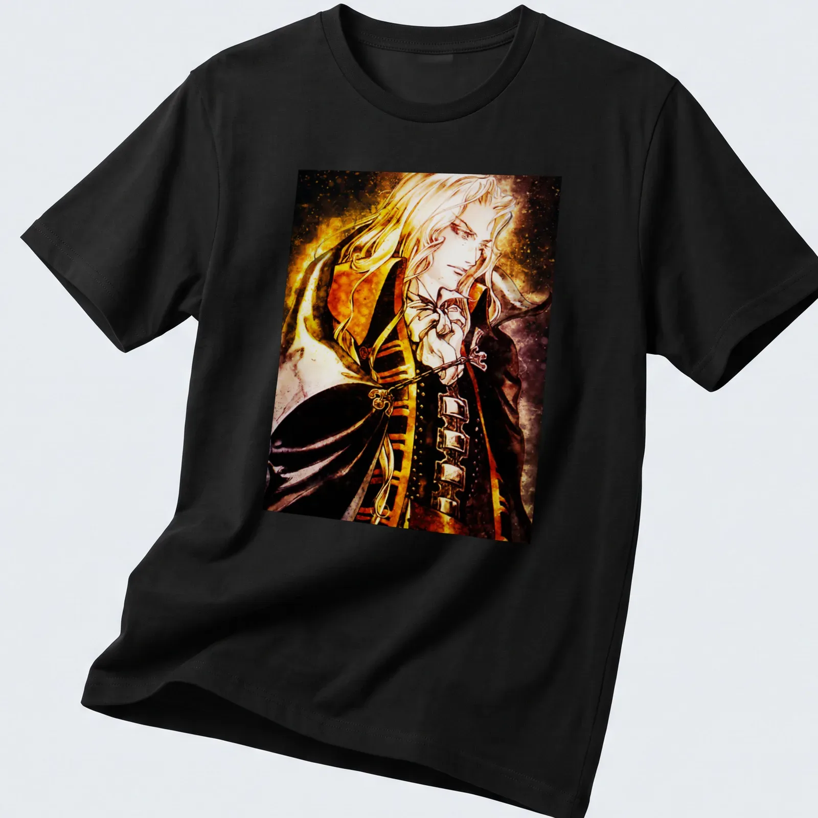 Anime-style illustration of Noble Vampire Alucard in gold, black, white, and red — printed on a unisex t-shirt
