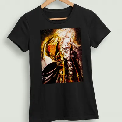 Anime-style illustration of Noble Vampire Alucard in gold, black, white, and red — printed on a women's shirt