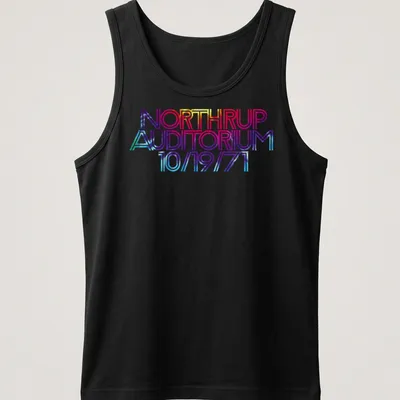 Bold retro t-shirt featuring NORTHRUP Auditorium concert details in vibrant colors — printed on a tank top