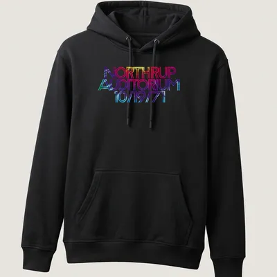 Bold retro t-shirt featuring NORTHRUP Auditorium concert details in vibrant colors — printed on a unisex hoodie