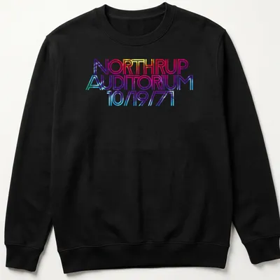 Bold retro t-shirt featuring NORTHRUP Auditorium concert details in vibrant colors — printed on a unisex sweatshirt