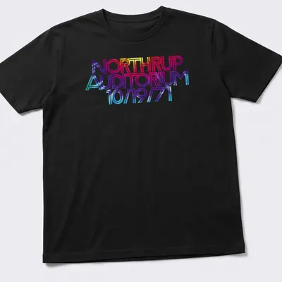 Bold retro t-shirt featuring NORTHRUP Auditorium concert details in vibrant colors