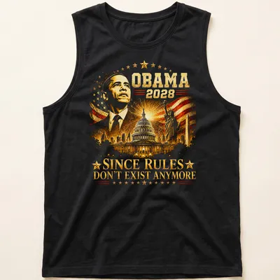 Satirical T-shirt featuring Obama 2028 text in red, white, blue and gold — printed on a tank top