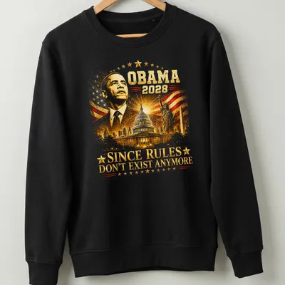 Satirical T-shirt featuring Obama 2028 text in red, white, blue and gold — printed on a unisex sweatshirt