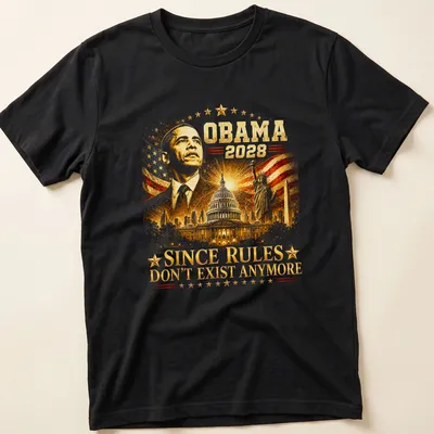 Satirical T-shirt featuring Obama 2028 text in red, white, blue and gold