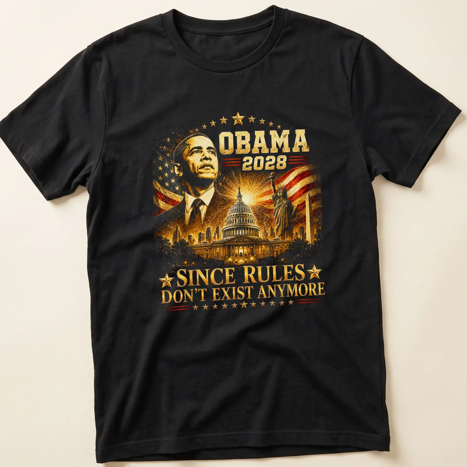 Satirical T-shirt featuring Obama 2028 text in red, white, blue and gold — printed on a unisex t-shirt