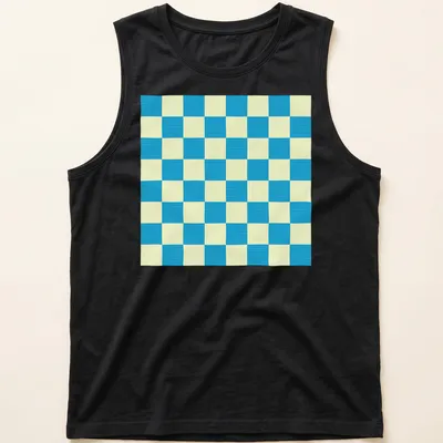 Geometric ocean-themed checkerboard pattern in blue and light yellow — printed on a tank top