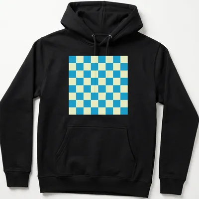 Geometric ocean-themed checkerboard pattern in blue and light yellow — printed on a unisex hoodie