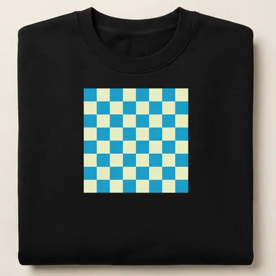 Geometric ocean-themed checkerboard pattern in blue and light yellow — printed on a unisex sweatshirt