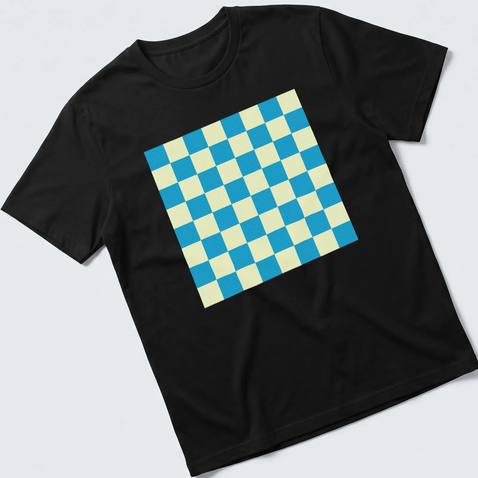 Geometric ocean-themed checkerboard pattern in blue and light yellow — printed on a unisex t-shirt