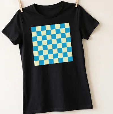 Geometric ocean-themed checkerboard pattern in blue and light yellow — printed on a women's shirt