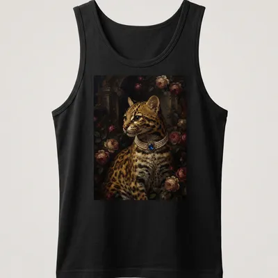 Realistic portrait of an ocelot wearing a sapphire pendant in rich colors. — printed on a tank top