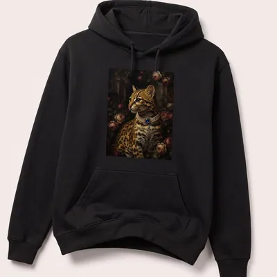 Realistic portrait of an ocelot wearing a sapphire pendant in rich colors. — printed on a unisex hoodie