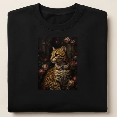 Realistic portrait of an ocelot wearing a sapphire pendant in rich colors. — printed on a unisex sweatshirt