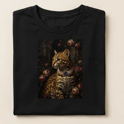 Realistic portrait of an ocelot wearing a sapphire pendant in rich colors. — printed on a women's shirt