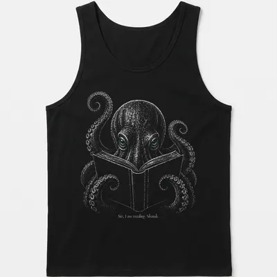 Illustration of an octopus reading a book with humorous text. — printed on a tank top