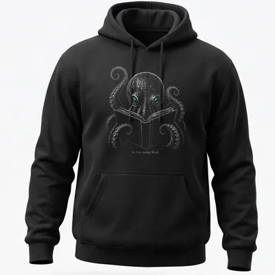 Illustration of an octopus reading a book with humorous text. — printed on a unisex hoodie