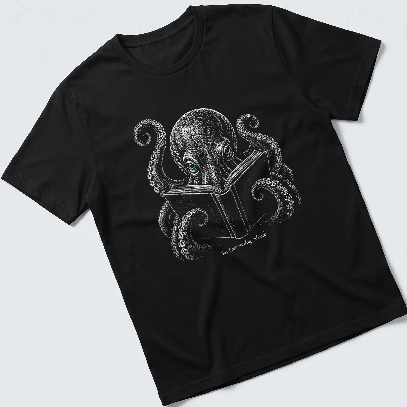 Illustration of an octopus reading a book with humorous text. — printed on a unisex t-shirt